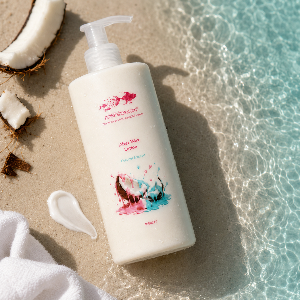A bottle of Pinkfishes After Wax Lotion Coconut Scented, placed on a sandy beach with water ripples, coconut halves, and a small smear of lotion.