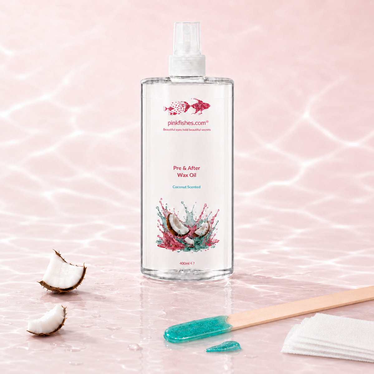 A bottle of Pinkfishes.com Pre & After Wax Oil coconut scented, displayed on a pink water-textured background with coconut halves, a wooden spatula, and wax strips. 