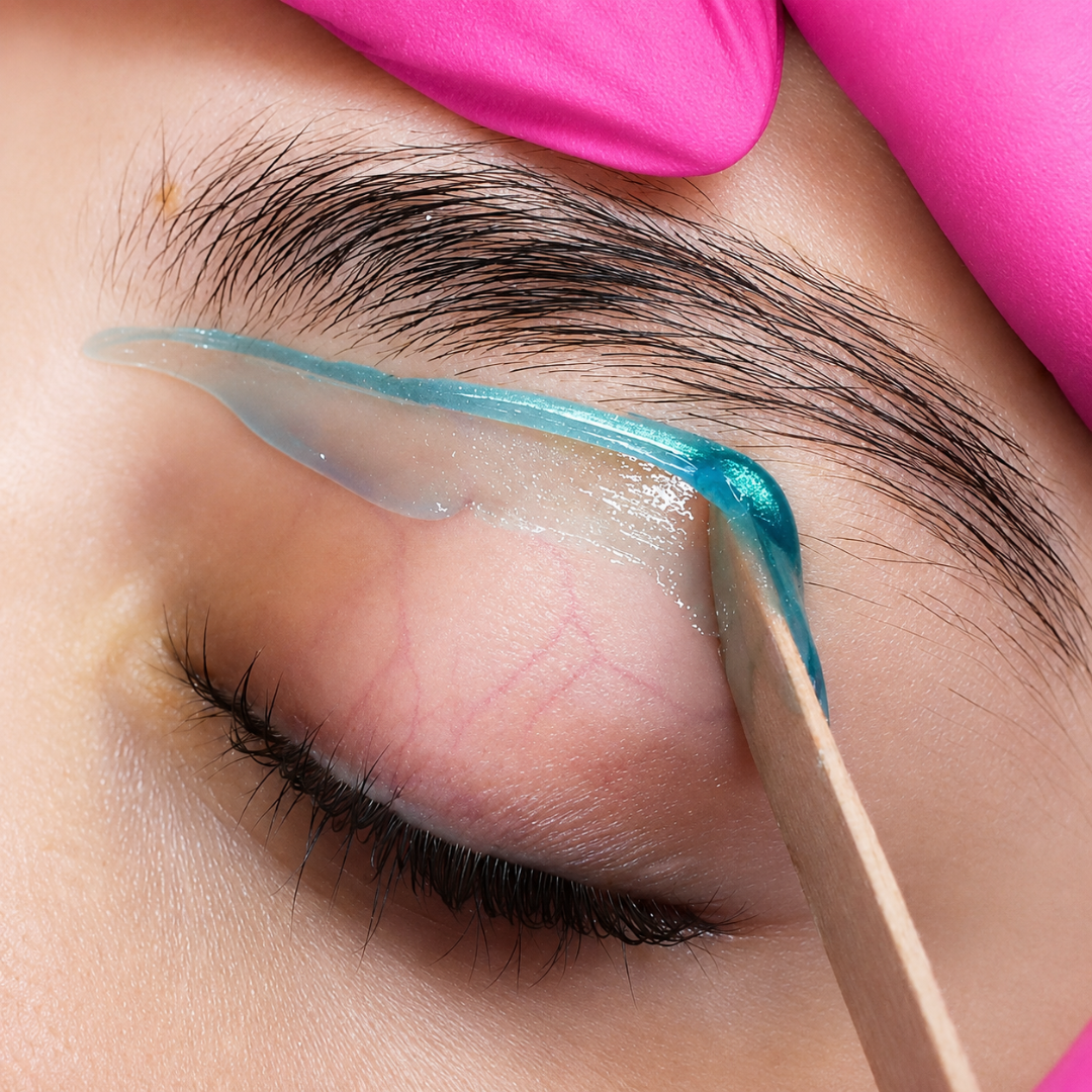 Close up of eyebrow wax with Pinkfishes Lagoon Soft Wax.