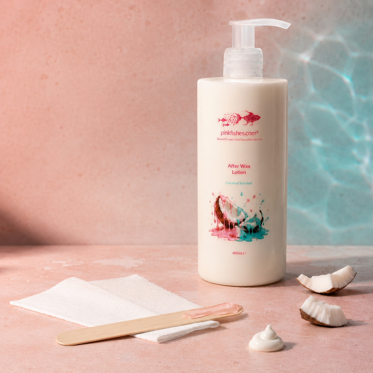 A bottle of pinkfishes.com Coconut Scented After Wax Lotion stands on a pink surface with wax strips, a wooden spatula, and coconut pieces nearby.