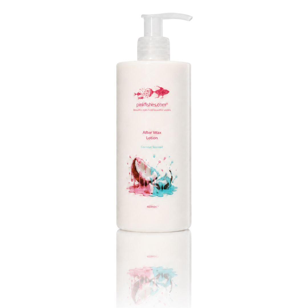 A pump bottle of Pinkfishes After Wax Lotion with pink and blue graphic accents, shown on a clean white background with a soft reflection below.