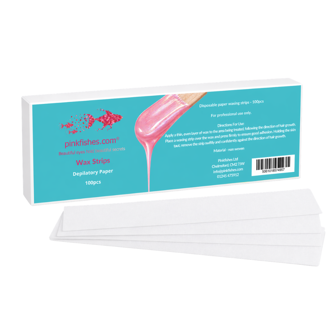 Box of Pinkfishes.com wax strips with a stack of white wax strips on a white background